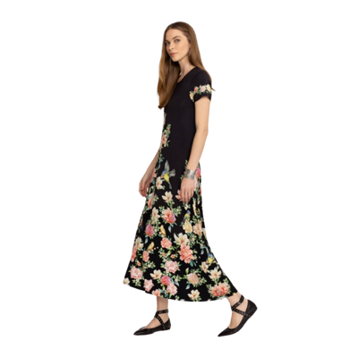 Pre-owned Johnny Was Janie Favorite Birdie Cap Sleeve Dress Black Maxi Crew Neck Floral Nw