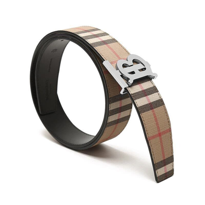 Pre-owned Burberry $580  Tb 35 Beige Check Black Leather Reversible Logo Buckle Belt 90 36