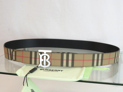 Pre-owned Burberry $580  Tb 35 Beige Check Black Leather Reversible Logo Buckle Belt 90 36