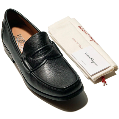 Pre-owned Ferragamo Lanzarote Penny Black Pebbled Grain Leather Dress Loafers Men's Casual