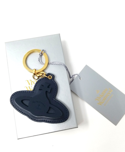Pre-owned Vivienne Westwood Nwt Rubberized Leather Keychain Large In Rubberized Navy