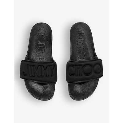 Shop Jimmy Choo Women's V Black/black Fitz Logo-debossed Synthetic And Leather Sliders