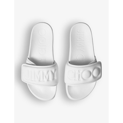 Shop Jimmy Choo Women's V White/white Fitz Logo-debossed Synthetic And Leather Sliders