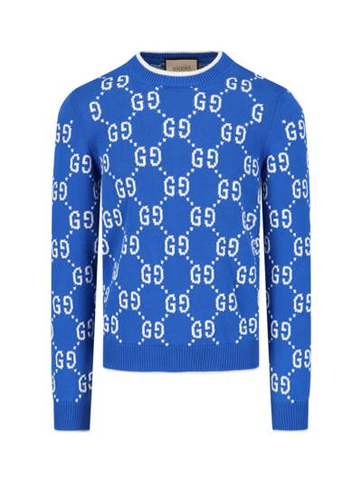 Shop Gucci 'gg' Crew Neck Sweater In Blue