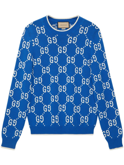 Shop Gucci `gg` Knit Crew-neck Sweater In Blue
