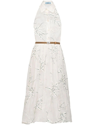 Shop Prada Embroidered Dress With Halter Neck In White
