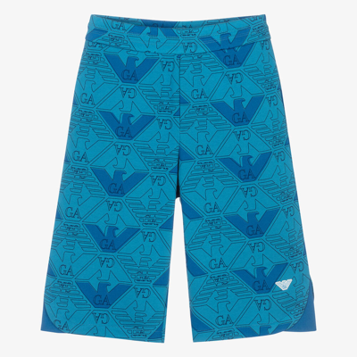 Shop Emporio Armani Teen Boys Blue Cotton Eagle Print Shorts