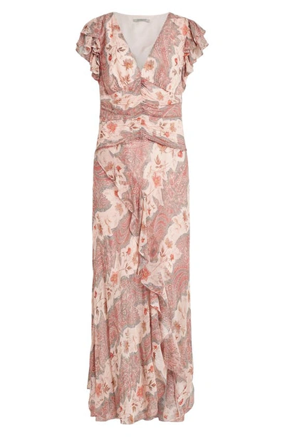 Allsaints Brea Floral Print Cascade Maxi Dress In Clay Pink
