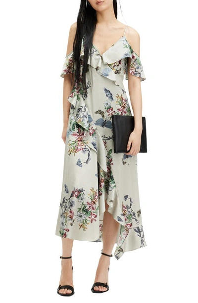 Shop Allsaints Orion Sanibel Floral Cold Shoulder High-low Dress In Taupe Grey