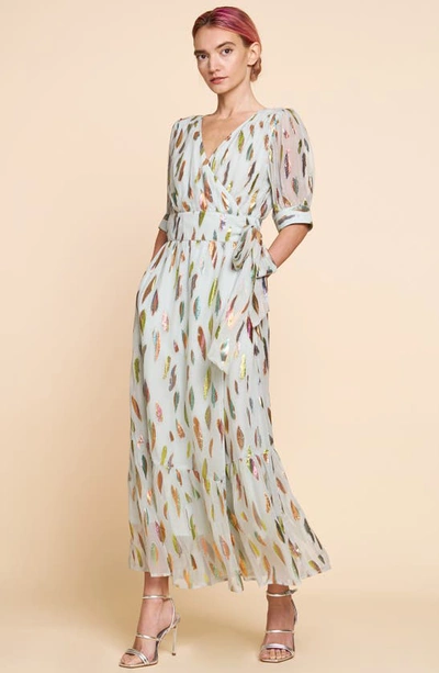 Shop Ciebon Whitney Metalllic Print Wrap Dress In Dove Gray