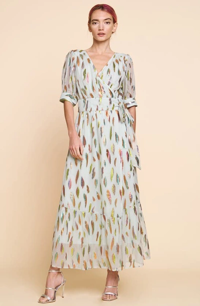Shop Ciebon Whitney Metalllic Print Wrap Dress In Dove Gray