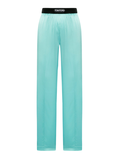 Tom Ford Jacquard-trimmed Stretch-silk Satin Wide-leg Pants In Light Blue
