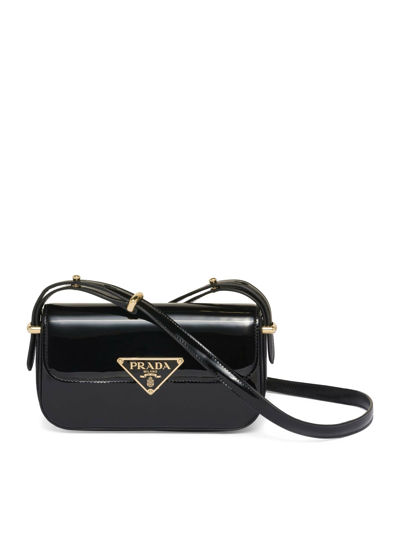 Shop Prada Leather Shoulder Bag With Logo Plaque In Black