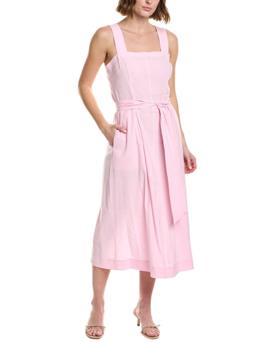 Shop Vince Belted Square Neck Linen-blend Midi Dress In Pink