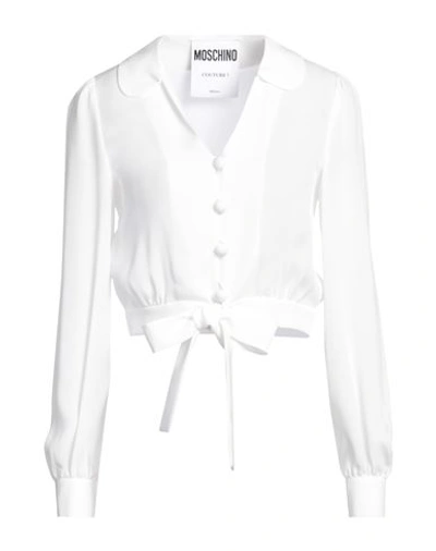 Moschino Cropped Tied-hem Silk Blouse In White
