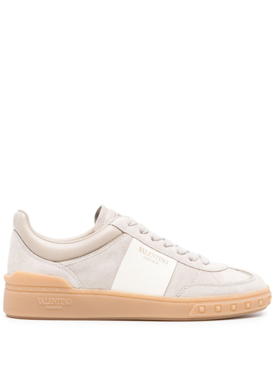 Shop Valentino Neutral Rockstud Suede Sneakers In Neutrals