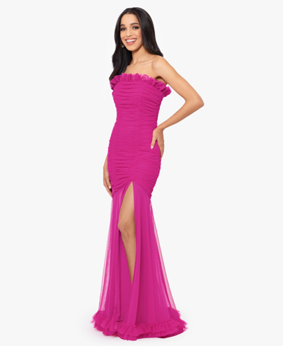 Shop Blondie Nites Juniors' Ruffled Ruched Strapless Mesh Gown In Hot Pink