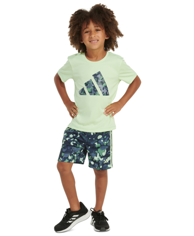 Shop Adidas Originals Little & Toddler Boys Short-sleeve Logo T-shirt & 3-stripes Shorts, 2 Piece Set In Semi Green Spark