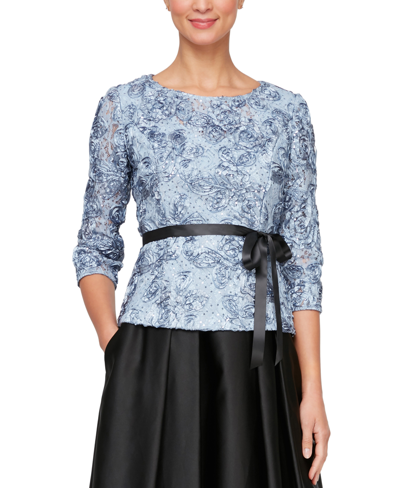 Shop Alex Evenings Women's 3/4-sleeve Belted Rosette Blouse In Hydrangea
