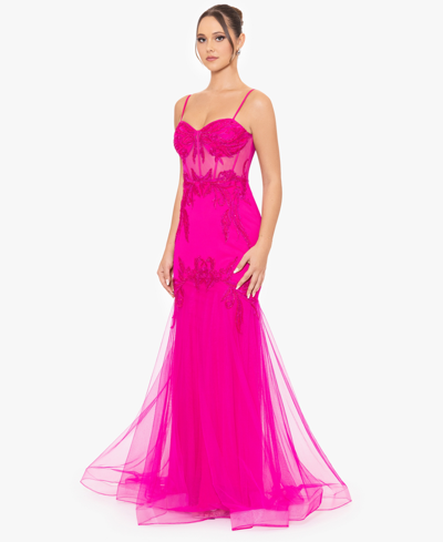 Shop Blondie Nites Juniors' Sequined-lace Corset Gown In Hot Pink