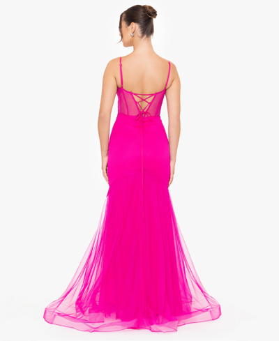 Shop Blondie Nites Juniors' Sequined-lace Corset Gown In Hot Pink