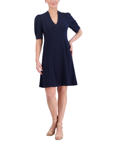 Shop Jessica Howard Petite V-neck Short-sleeve A-line Dress In Navy