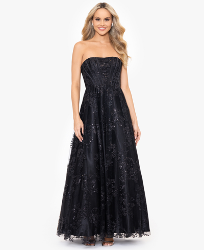Shop Blondie Nites Juniors' Glittered Strapless Corset Gown In Black