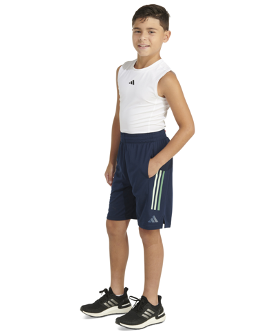 Shop Adidas Originals Big Boys Aeroready Elastic-waistband Graphic 3-stripe Shorts In Navy W Green