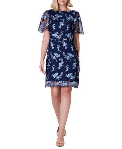 Shop Jessica Howard Women's Printed Flared-short-sleeve Sheath Dress In Navy