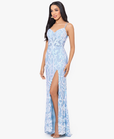 Shop Blondie Nites Juniors' Sequin Strappy Sleeveless Gown In Blue