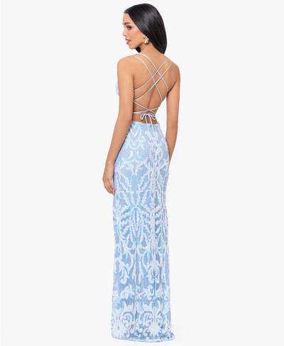 Shop Blondie Nites Juniors' Sequin Strappy Sleeveless Gown In Blue