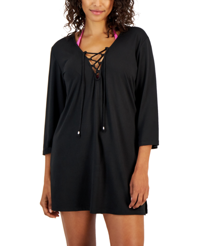 Shop J Valdi Women's Lace-up Cover-up Tunic Top In Black