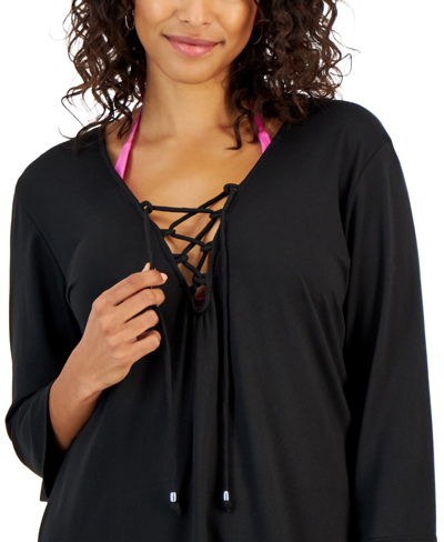 Shop J Valdi Women's Lace-up Cover-up Tunic Top In Black