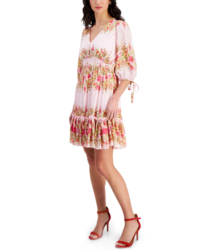 Shop Taylor Women's Printed Smocked-waist Satin Stripe Dress In Pink Lace,dazzle