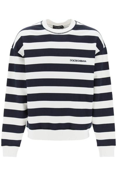 Shop Dolce & Gabbana Striped Sweatshirt With Embroidered Logo In White,blue