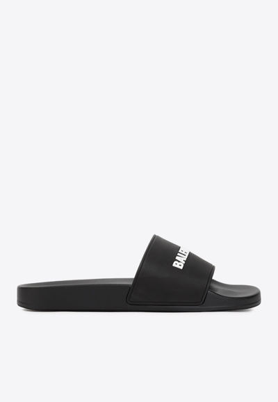 Shop Balenciaga 3d Logo Rubber Pool Slides In Black