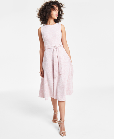 Shop Calvin Klein Women's Jewel-neck Sleeveless Belted Tweed Midi Dress In Blossom