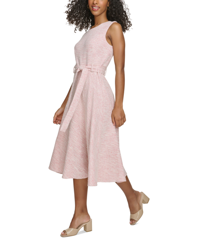 Shop Calvin Klein Women's Jewel-neck Sleeveless Belted Tweed Midi Dress In Blossom