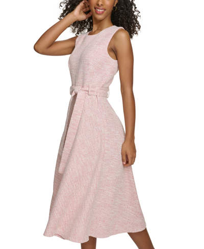 Shop Calvin Klein Women's Jewel-neck Sleeveless Belted Tweed Midi Dress In Blossom