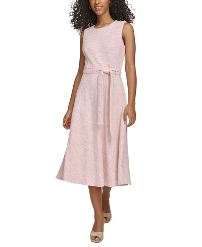 Shop Calvin Klein Women's Jewel-neck Sleeveless Belted Tweed Midi Dress In Blossom