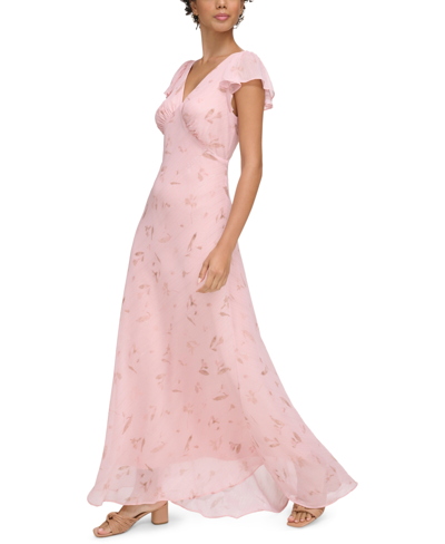 Shop Calvin Klein Women's V-neck Flutter-sleeve Maxi Dress In Silver Pink Multi