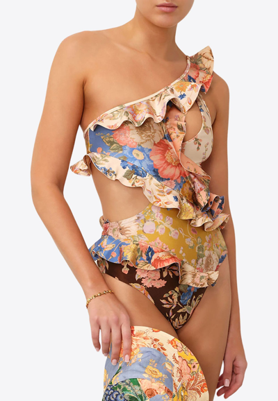 Shop Zimmermann August Asymmetric Frill One-piece Swimsuit In Multicolor