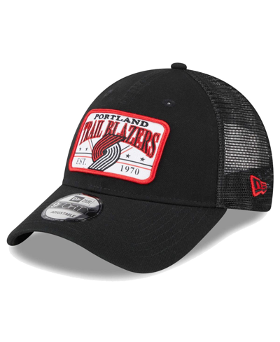 New Era Black Portland Trail Blazers Plate Oversized Patch Trucker 9forty Adjustable Hat In Black
