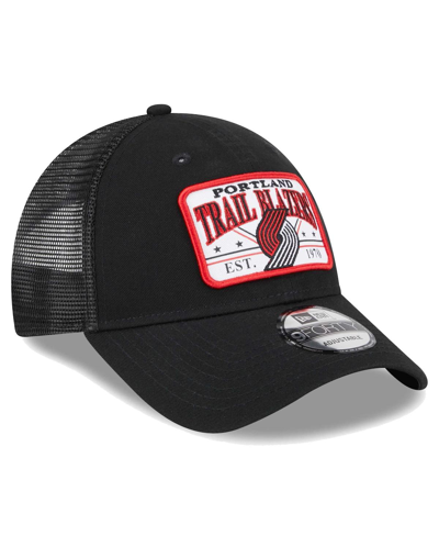 New Era Black Portland Trail Blazers Plate Oversized Patch Trucker 9forty Adjustable Hat In Black