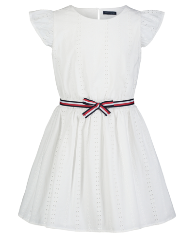Shop Tommy Hilfiger Big Girls Eyelet Stripe Flutter Sleeve Dress In White