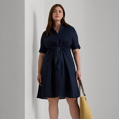 Shop Lauren Woman Tie-front Linen Shirtdress In Lauren Navy