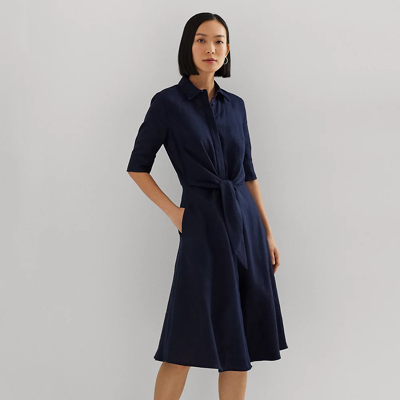 Shop Lauren Petite Tie-front Linen Shirtdress In Lauren Navy
