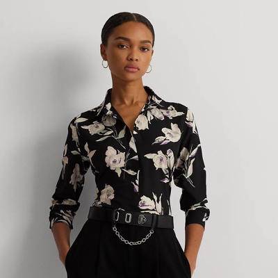 Shop Lauren Ralph Lauren Classic Fit Floral Crepe De Chine Shirt In Black Multi