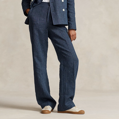 Shop Ralph Lauren Pinstripe Linen Straight-leg Pant In Navy/cream Pinstripe