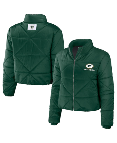 Wear By Erin Andrews Green Green Bay Packers Cropped Puffer Full-zip Jacket In Green